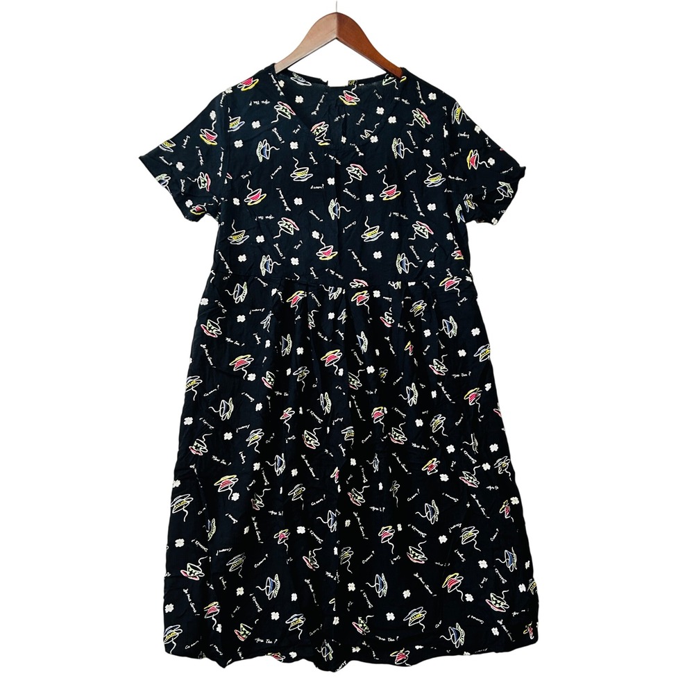 Vivoli Maternity Vintage 90s Funky Print Dress Black Rayon Teacup Print Size L